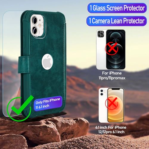 VANAVAGY Wallet Case for iPhone 11 6.1 inch, Midnight Green | 12ft Drop-proof Cover for Women Men, Silm PU Leather, RFID Blocking Card Holder, Wrist Strap, Screen Protector - color: Midnight Green