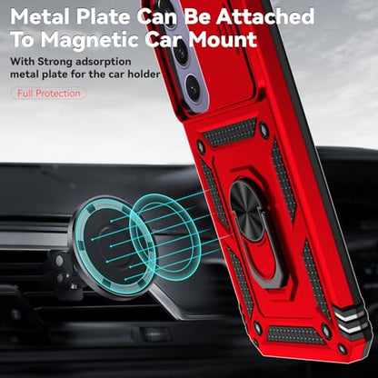 for Samsung Galaxy S24 FE Case with Camera Lens Cover HD Screen Protector, Dual Layer Military-Grade Drop Tested Magnetic Ring Holder Kickstand Protective Phone Case for Galaxy S24 FE (Red) - color: Red with camera cover Military-Grade 2nd gen