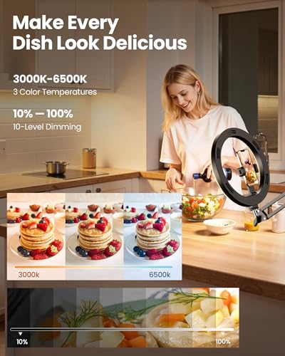 Pro Bright Overhead Ring Light with Clamp for Desk, Plug-in Powered for Stronger Lighting, Flexible Arm Phone Mount for Video, Cooking, Crafts & Livestream (18W) - size: 36.6" tall - High Brightness Clip-On Phone Holder