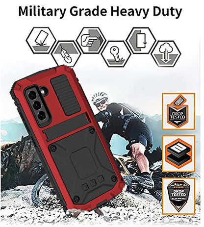 Simicoo for Samsung Galaxy S25 FE Metal Military Heavy Duty Case, Metallic Bumper Shockproof Dustproof Rugged Tough with Stand Screen Protector Camera Control Full Body Drop Protective Cover (Red) - color: Red