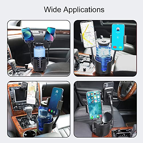 JINKEY Dual Cup Holder Phone Mount for Car, 2-in-1 Car Cup Holder Expander with Adjustable Gooseneck, 360° Rotating Cell Phone Holder, Adjustable Base for 4–6.7 in Smartphones