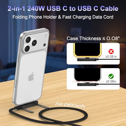 240w Fast Charging USB Type-C Cable 5FT with Built-in Invisible Phone Stand