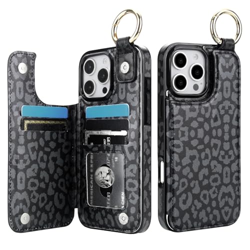 HAOPINSH for iPhone 16 Pro Max Wallet Case with Card Holder, Black Leopard Cheetah Print Back Flip Folio PU Leather Kickstand Card Slots Case, Finger Grip Ring Double Magnetic Clasp Shockproof 6.9" - color: Blue Florals Grip Ring