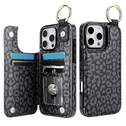 HAOPINSH for iPhone 16 Pro Max Wallet Case with Card Holder, Black Leopard Cheetah Print Back Flip Folio PU Leather Kickstand Card Slots Case, Finger Grip Ring Double Magnetic Clasp Shockproof 6.9" - color: Blue Florals Grip Ring