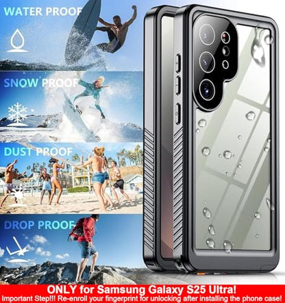 SPIDERCASE Only for Samsung Galaxy S25 Ultra Case Waterproof, Built-in Screen & Camera Lens Protector[IP68] [Military Grade Shockproof] Full Protection Only for S25 Ultra 6.9”, Black/Clear