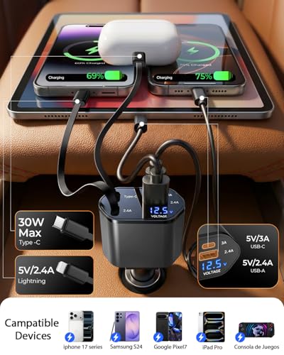 4 in 1 Retractable Car Charger, USB C Fast Charging Adapter, Gray - color: Gray