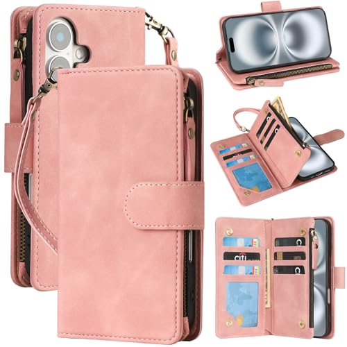 RANYOK Compatible with iPhone 16 Case Wallet - PU Leather Wallet Case for iPhone 16 with Credit Card Holder RFID Blocking Zipper Pocket with Wrist Strap Flip Folio Protective Case (Pink) - color: Pink, size: iPhone 16, 6.1"