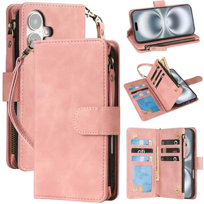 RANYOK Compatible with iPhone 16 Case Wallet - PU Leather Wallet Case for iPhone 16 with Credit Card Holder RFID Blocking Zipper Pocket with Wrist Strap Flip Folio Protective Case (Pink) - color: Pink, size: iPhone 16, 6.1"