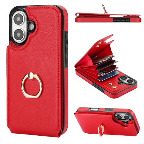 Folosu Compatible with iPhone 16 Case Wallet with Card Holder, 360°Rotation Finger Ring Holder Kickstand, RFID Blocking Leather Protective Double Buttons Shockproof Cover 6.1 Inch Red - color: Red