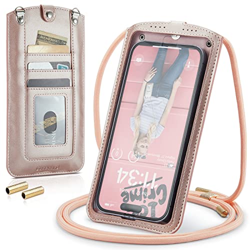 Small Crossbody Bag Cell Phone Purse for Women Men Leather Mini Shoulder Bag Wallet Case with Card Holder Slot Necklace Lanyard for All phones iPhone Samsung Google up to 7.3" Rose Gold - color: Rose Gold
