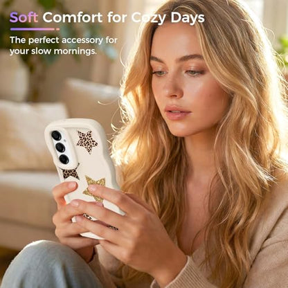 for Galaxy A15 Phone Case, Wavy Soft TPU, White-Leopard Star | Wavy Frame Design, Soft Slim TPU, Full Camera Lens Protection, Shockproof Phone Cover - color: White-Leopard Star, size: Samsung A15