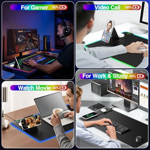 XXL RGB LED Gaming Mouse Pad with Magnetic Wireless Charger & Foldable Phone Holder, 31.5"x15.8" Extended Ultra-Smooth Desk Mat, 25 Lighting Effects, Non-Slip Base, Includes 20W PD Adapter - color: RGB-Magnetic Stand-31.5"x15.8"-Adapter