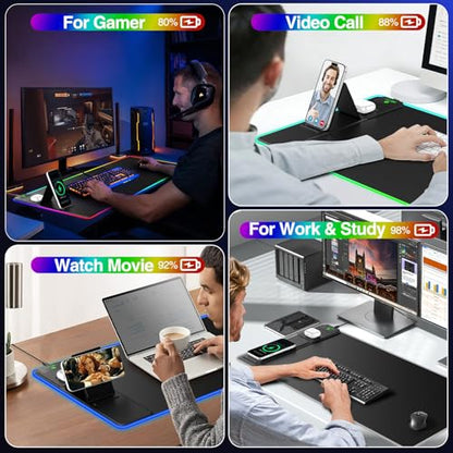 XXL RGB LED Gaming Mouse Pad with Magnetic Wireless Charger & Foldable Phone Holder, 31.5"x15.8" Extended Ultra-Smooth Desk Mat, 25 Lighting Effects, Non-Slip Base, Includes 20W PD Adapter - color: RGB-Magnetic Stand-31.5"x15.8"-Adapter