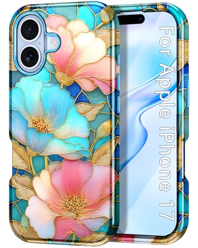 Btscase Compatible with iPhone 17 Case 6.3 Inch 2025,Marble Pattern 3 in 1 Heavy Duty Shockproof Full Body Rugged Hard PC+Soft Silicone Drop Protective Women Girl Phone Cases, Pink Cyan - color: Pink Cyan, size: iPhone 17