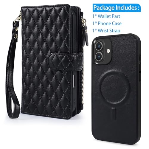 Harryshell 2 in 1 for iPhone 17 6.3 inch Wallet Case Magnetic Compatible with Magsafe RFID Blocking Card Holder Detachable Phone Cover Zipper Purse Kickstand Wrist Strap Men WomenQuilted Black - color: Quilted Black, size: iPhone 17
