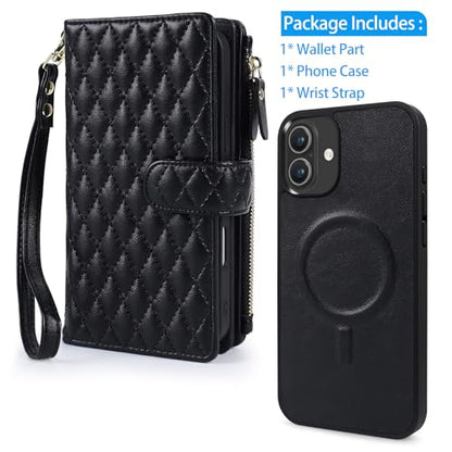 Harryshell 2 in 1 for iPhone 17 6.3 inch Wallet Case Magnetic Compatible with Magsafe RFID Blocking Card Holder Detachable Phone Cover Zipper Purse Kickstand Wrist Strap Men WomenQuilted Black - color: Quilted Black, size: iPhone 17