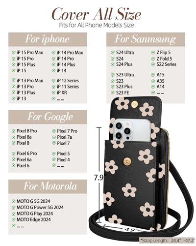 Miss Adola Phone Purse for Women Leather Crossbody Bag | Large Phone Pocket, Magnetic Snap, Zipper Pocket, 4 Card Slots, Adjustable Shoulder Strap, Leather Small Purse for Daily Use - color: Black Flower