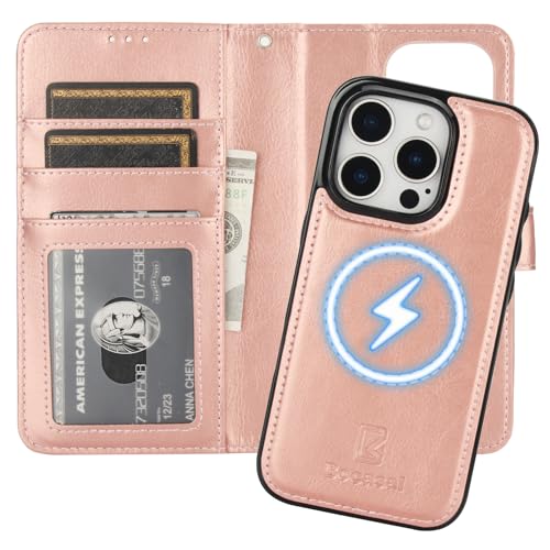 Bocasal for MagSafe Wallet Case Card Holder for iPhone 16 Pro, Rose Gold | RFID Blocking Kickstand Magnetic PU Leather Case with Card Slots Holder for Wireless Charging Detachable Wrist Strap 6.3 Inch - color: Rose Gold for MagSafe