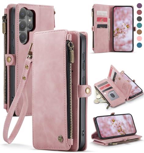 Defencase for Samsung Galaxy S26 Ultra Wallet Case with Card Holder, Pink | with RFID Blocking Zipper Pocket, Durable PU Leather, Wrist Strap, S26 Ultra Flip Phone Cases Cover with Stand for Women Men - color: Rose Pink