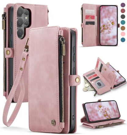 Defencase for Samsung Galaxy S26 Ultra Wallet Case with Card Holder, Pink | with RFID Blocking Zipper Pocket, Durable PU Leather, Wrist Strap, S26 Ultra Flip Phone Cases Cover with Stand for Women Men - color: Rose Pink