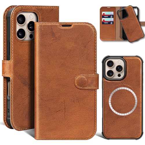 Genuine Leather Wallet Case for iPhone 16 Pro Max, Yellow Brown | 2-in-1 Magnetic Detachable, Shockproof, Flip Folio with Card Slot, RFID Blocking - color: Yellow Brown, size: 16 Pro Max 6.9‘’