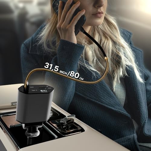 Retractable Fast Car Charger 100W for CarPlay, 4-in-1 Car Charger Adapter with 31.5" Built-in Cables & Dual USB Ports, Compatible with iPhone 11, 12,13,14,15,16,17 & Samsung Devices, Tablets and More