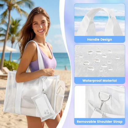 3-Piece Iridescent Beach Bag Set for Women, Large PVC Pool Bag Set | Includes Summer Beach Tote, Cosmetic Bag and Touchscreen Phone Pouch for Pool, Travel and Vacation - color: White