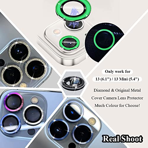 Bling Luminous Camera Lens Protector Compatible for iPhone 13(6.1")/13 Mini(5.4") Ultra Thin/Clear Tempered Glass [Anti-Scratch][Shatter/Water/Fog-Proof] Metal Cover -Luminous Green(Set of 2) - color: Luminous Green