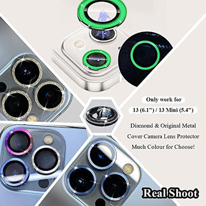 Bling Luminous Camera Lens Protector Compatible for iPhone 13(6.1")/13 Mini(5.4") Ultra Thin/Clear Tempered Glass [Anti-Scratch][Shatter/Water/Fog-Proof] Metal Cover -Luminous Green(Set of 2) - color: Luminous Green