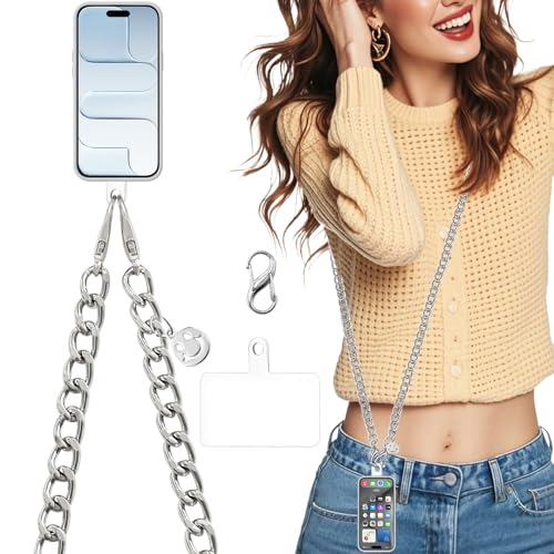 Crossbody Phone Lanyard, Metal Phone Chain for Women Men, Adjustable Phone Strap with Tether Tab, Anti-Theft Neck Strap Compatible with iPhone 17, 16, 15, Most Smartphones, Silver - color: Silver