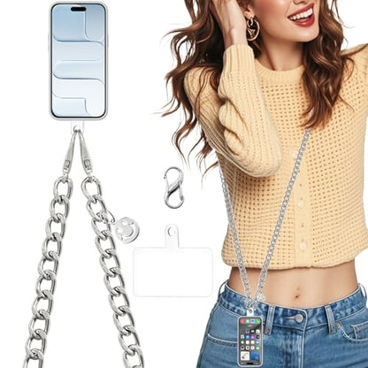 Crossbody Phone Lanyard, Metal Phone Chain for Women Men, Adjustable Phone Strap with Tether Tab, Anti-Theft Neck Strap Compatible with iPhone 17, 16, 15, Most Smartphones, Silver - color: Silver