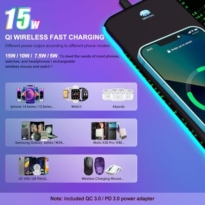 ToLuLu Wireless Charging RGB Gaming Mouse Pad, 15W LED Mouse Mat with 30W Charger, 14 Light Modes Large Mousepad Wrist Support, Non-Slip Rubber Base Desk Mat Computer Keyboard Pad, Right Left Brain - color: Right Left Brain