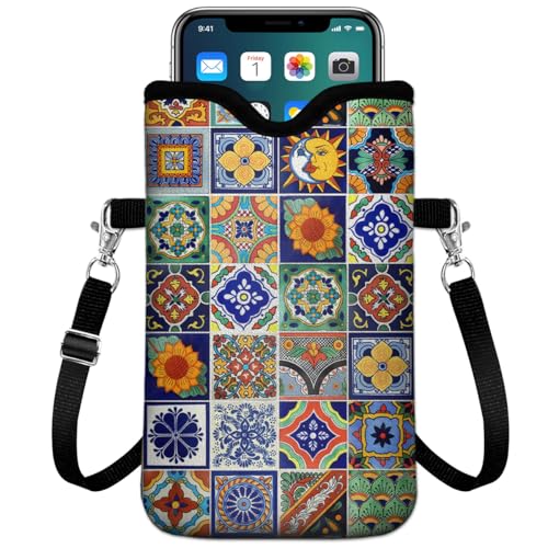 Universal Phone Sleeve Pouch with Crossbody Strap 7.6 X 4.3 Inches Shockproof Water Resistant Mobile Protection Bag-Mexican Talavera Tile Neoprene Phone Pouch Bag - color: Mexican Talavera Tile-Phone Pouch