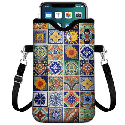 Universal Phone Sleeve Pouch with Crossbody Strap 7.6 X 4.3 Inches Shockproof Water Resistant Mobile Protection Bag-Mexican Talavera Tile Neoprene Phone Pouch Bag - color: Mexican Talavera Tile-Phone Pouch