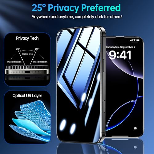 2 Pack for iPhone 16 Privacy Screen Protector 6.1 inch, [Military Grade Shatterproof] 9H Tempered Glass Protective Film, Fast & Easy Installation, Auto Alignment, Auto Dust-Elimination - size: iPhone 16