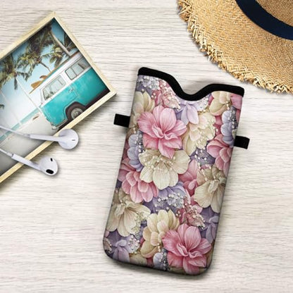 Universal Neoprene Cell Phone Pouch 7.1 X 4 in Mobile Protection Case Bag with Crossbody Strap/Neck Lanyard Luxury Flowers Leaf Printed Pattern - color: Luxury Flowers Leaf Printed Pattern