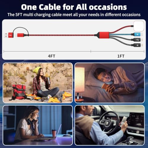 Travel Essentials Dual IP 4in2 Multi Charging Cable for iWatch Charger, 5FT - color: Red&Black&Light Blue, size: AC to 2C+L+iWatch