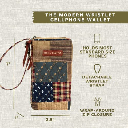 Bella Taylor Cell Phone Wristlet, Quilted Phone Wallet for Women | Lightweight, RFID blocking, phone pocket, built-in wallet, card organizer, coin pocket, secure zipper, quality construction - color: Primitive Patch