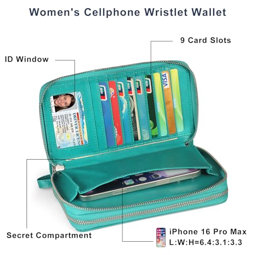 RFID Blocking Cellphone Wristlet Wallet for Women Dual Zipper Large Capacity 17 Card Holder Ladies Phone Clutch Travel Purse with Removable Strap, Turquoise - color: Turquoise