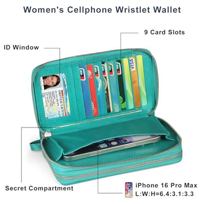 RFID Blocking Cellphone Wristlet Wallet for Women Dual Zipper Large Capacity 17 Card Holder Ladies Phone Clutch Travel Purse with Removable Strap, Turquoise - color: Turquoise