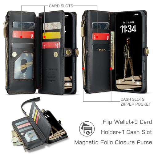 Defencase for iPhone 17 Wallet Case with RFID Blocking Card Holder, Black | Durable Soft PU Leather, with Zipper Pocket, Wrist Strap, Fashion Snap Flip Phone Cases Cover with Stand for Women and Men - color: Black