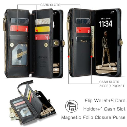 Defencase for iPhone 17 Wallet Case with RFID Blocking Card Holder, Black | Durable Soft PU Leather, with Zipper Pocket, Wrist Strap, Fashion Snap Flip Phone Cases Cover with Stand for Women and Men - color: Black