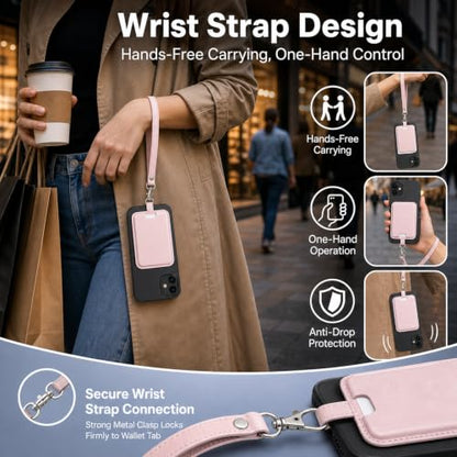 MagSafe Wallet with Wrist Strap, 3 Card Holder with RFID Blocking, MagSafe Sticker Included, Slim Magnetic Phone Wallet for iPhone 17e/17/16/15/14/13/12 Series and Selected Samsung Devices - color: Pink