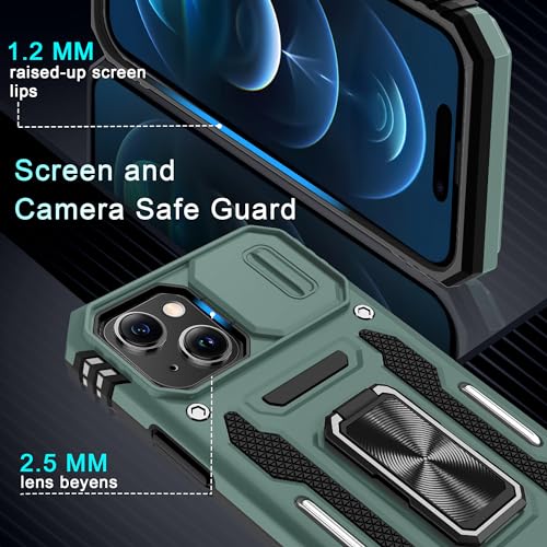 DEERLAMN Case for iPhone 15 with Slide Camera Cover + Screen Protector (2 Packs), Rotated Ring Kickstand Military Grade Shockproof Protective Cover-Green - color: Green