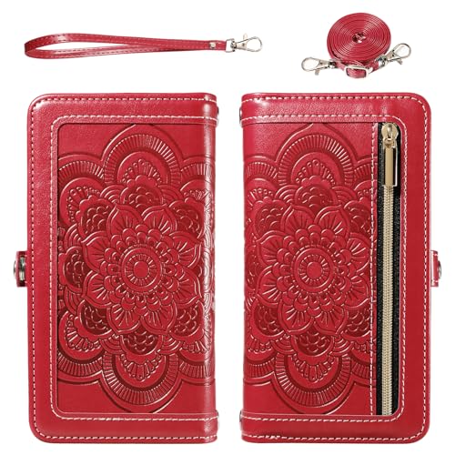 Asuwish Phone Case for iPhone 15 Pro 6.1 inch Zipper Wallet Detachable Cell Cover with Tempered Glass Screen Protector Wrist Strap Mandala Flower Credit Card Holder i Phone15 i15 15Pro Women Men Red - color: Red