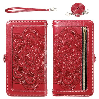 Asuwish Phone Case for iPhone 15 Pro 6.1 inch Zipper Wallet Detachable Cell Cover with Tempered Glass Screen Protector Wrist Strap Mandala Flower Credit Card Holder i Phone15 i15 15Pro Women Men Red - color: Red