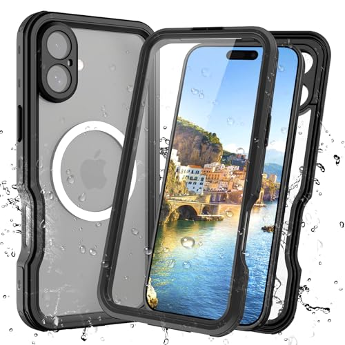 Waterproof Clear Case for iPhone16 Plus, IP68 Magnetic DropProof, BlackSide - size: iPhone 16 Plus 6.7 inch