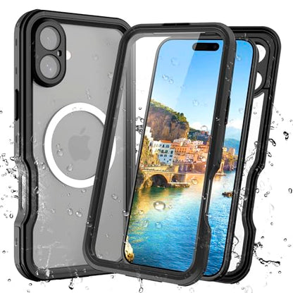 Waterproof Clear Case for iPhone16 Plus, IP68 Magnetic DropProof, BlackSide - size: iPhone 16 Plus 6.7 inch
