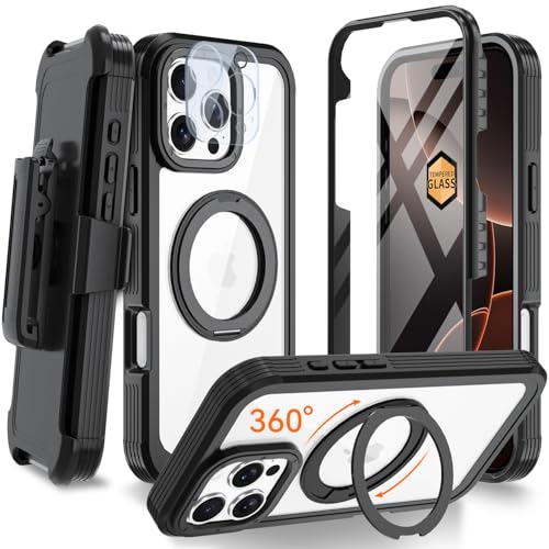 Upgraded 360° Spin Magnetic Invisible Ring Stand Case for iPhone 16 Pro Max 6.9",Compatible with MagSafe, Full Body Rugged Case with Built-in Screen Protector & Kickstand & Belt-Clip (Black) - color: Black