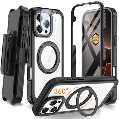 Upgraded 360° Spin Magnetic Invisible Ring Stand Case for iPhone 16 Pro Max 6.9",Compatible with MagSafe, Full Body Rugged Case with Built-in Screen Protector & Kickstand & Belt-Clip (Black) - color: Black
